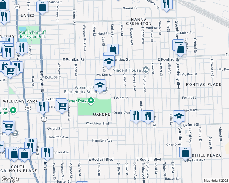 map of restaurants, bars, coffee shops, grocery stores, and more near 1019 Colerick Street in Fort Wayne