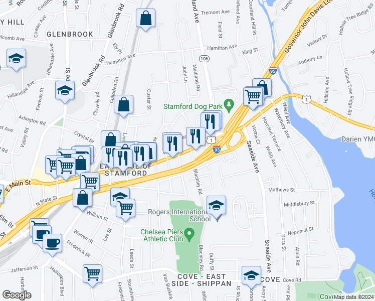 map of restaurants, bars, coffee shops, grocery stores, and more near 1076 East Main Street in Stamford