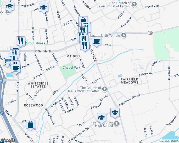 map of restaurants, bars, coffee shops, grocery stores, and more near 1109 Holmes Creek Lane in Layton