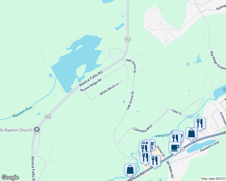 map of restaurants, bars, coffee shops, grocery stores, and more near 73 White Birch Lane in East Stroudsburg