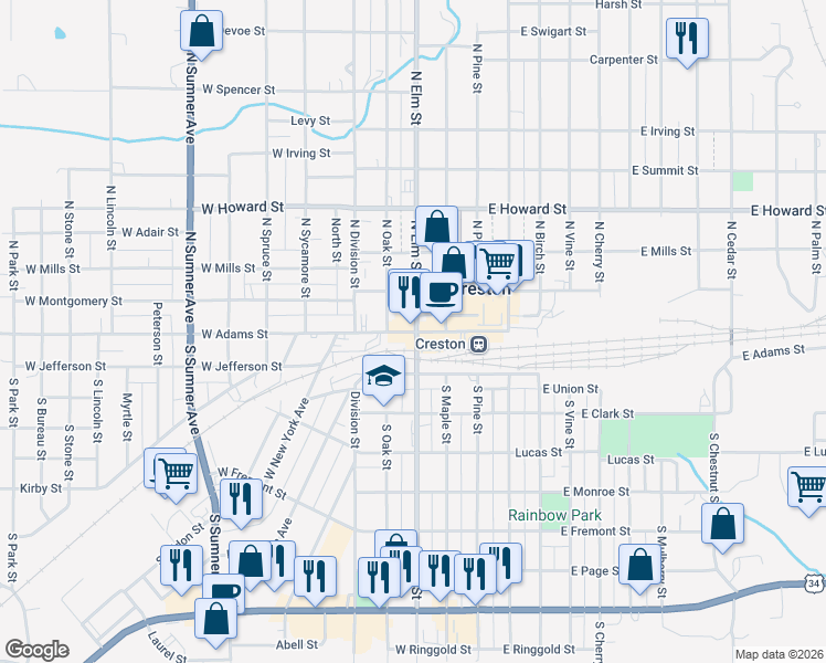 map of restaurants, bars, coffee shops, grocery stores, and more near 109 North Elm Street in Creston