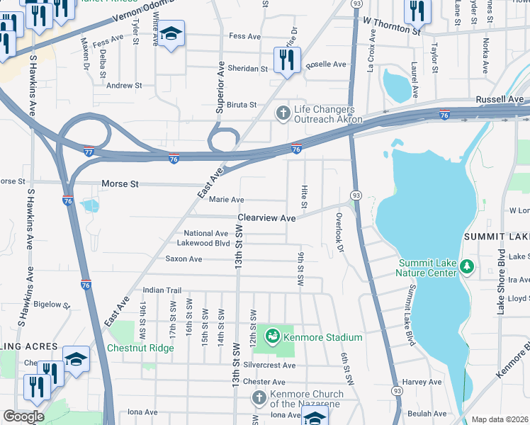 map of restaurants, bars, coffee shops, grocery stores, and more near 745 Marie Avenue in Akron