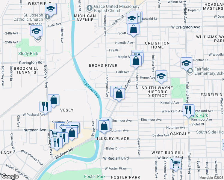 map of restaurants, bars, coffee shops, grocery stores, and more near 1305 Home Avenue in Fort Wayne