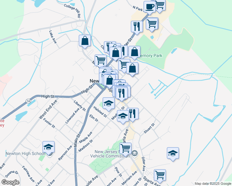 map of restaurants, bars, coffee shops, grocery stores, and more near 28 Trinity Street in Newton