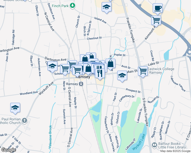 map of restaurants, bars, coffee shops, grocery stores, and more near 34 Arch Street in Ramsey