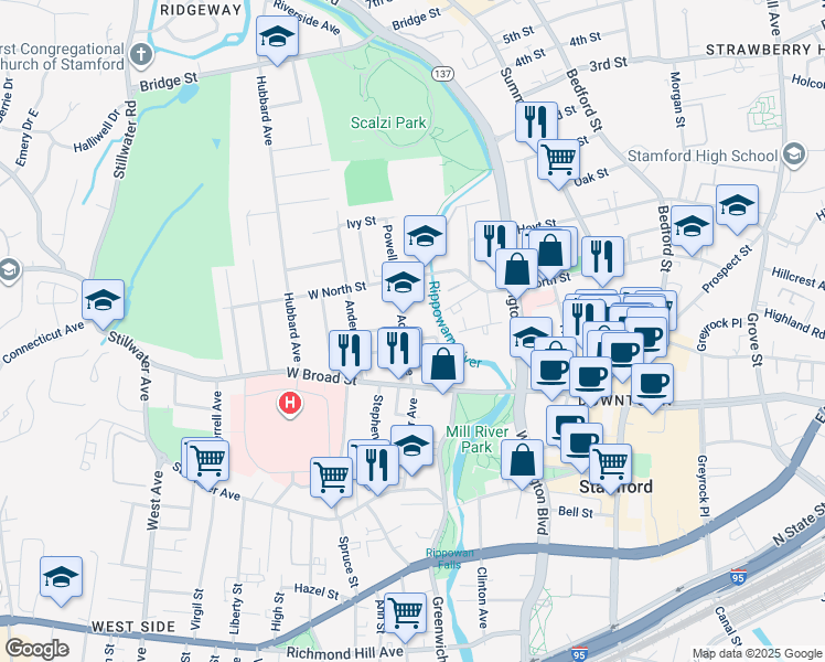 map of restaurants, bars, coffee shops, grocery stores, and more near 61 Adams Avenue in Stamford