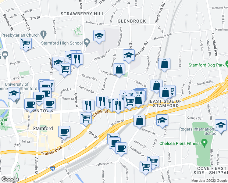 map of restaurants, bars, coffee shops, grocery stores, and more near 77 Glenbrook Road in Stamford
