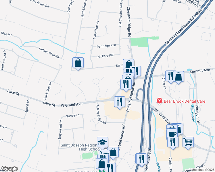 map of restaurants, bars, coffee shops, grocery stores, and more near 225 Summit Avenue in Montvale