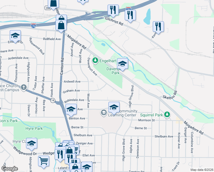 map of restaurants, bars, coffee shops, grocery stores, and more near 144 Davenport Avenue in Akron