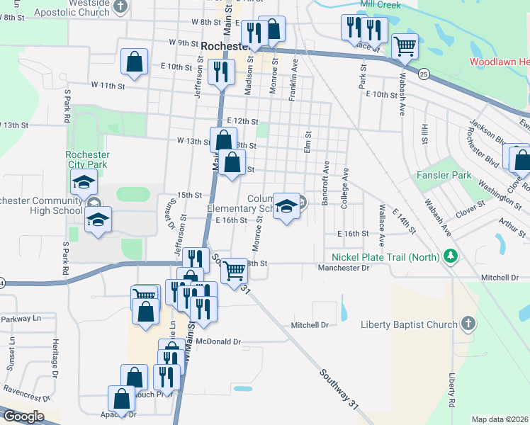 map of restaurants, bars, coffee shops, grocery stores, and more near 1440-1498 Monroe Street in Rochester