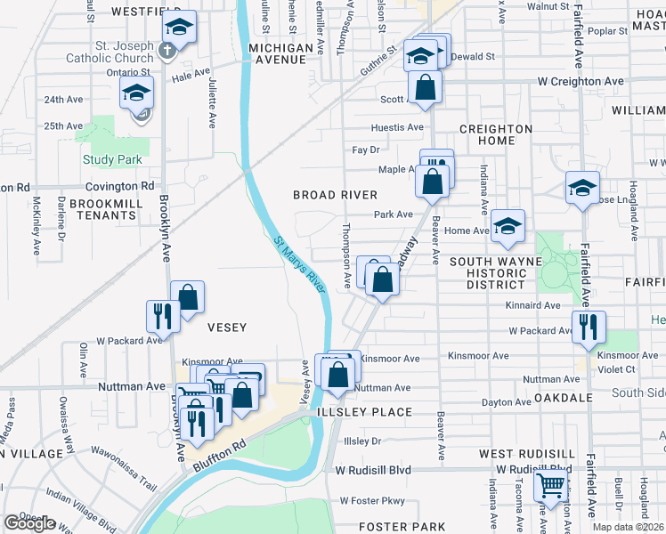 map of restaurants, bars, coffee shops, grocery stores, and more near 1419 West Wildwood Avenue in Fort Wayne