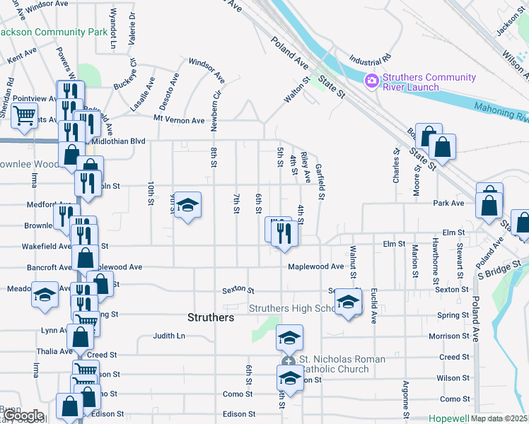 map of restaurants, bars, coffee shops, grocery stores, and more near 495 5th Street in Struthers