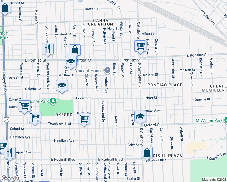 map of restaurants, bars, coffee shops, grocery stores, and more near 3006 Reed Street in Fort Wayne