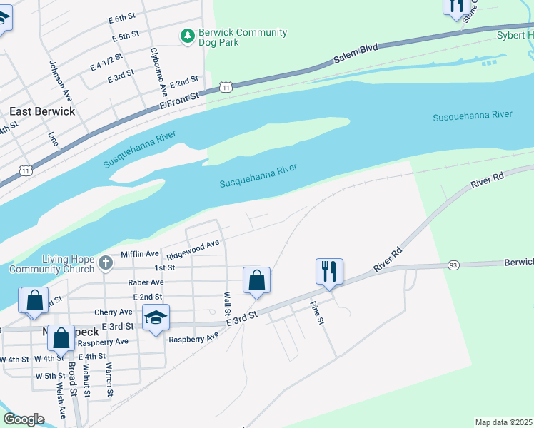 map of restaurants, bars, coffee shops, grocery stores, and more near 1113 Mifflin Ave in Nescopeck