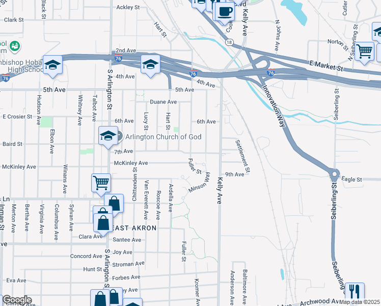 map of restaurants, bars, coffee shops, grocery stores, and more near 706 James Ingram Way in Akron