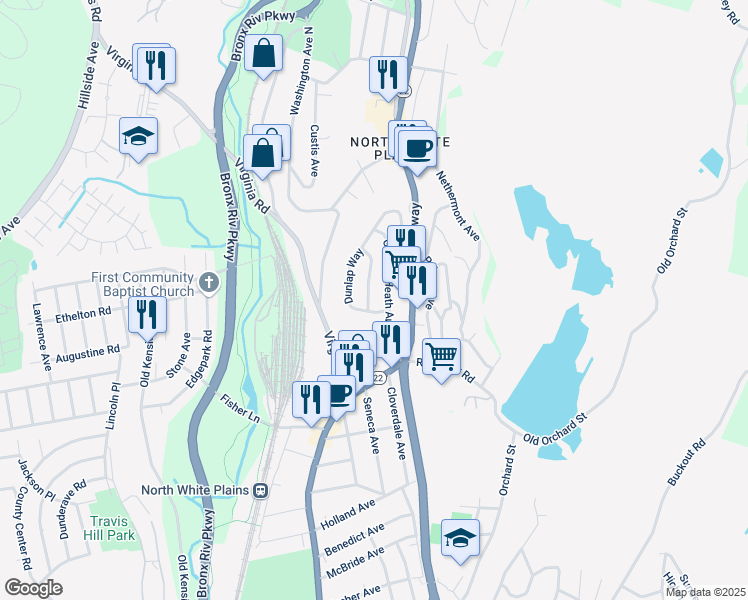 map of restaurants, bars, coffee shops, grocery stores, and more near 6 Smallwood Place in White Plains