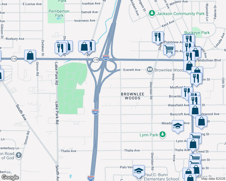 map of restaurants, bars, coffee shops, grocery stores, and more near 1566 Medford Avenue in Youngstown