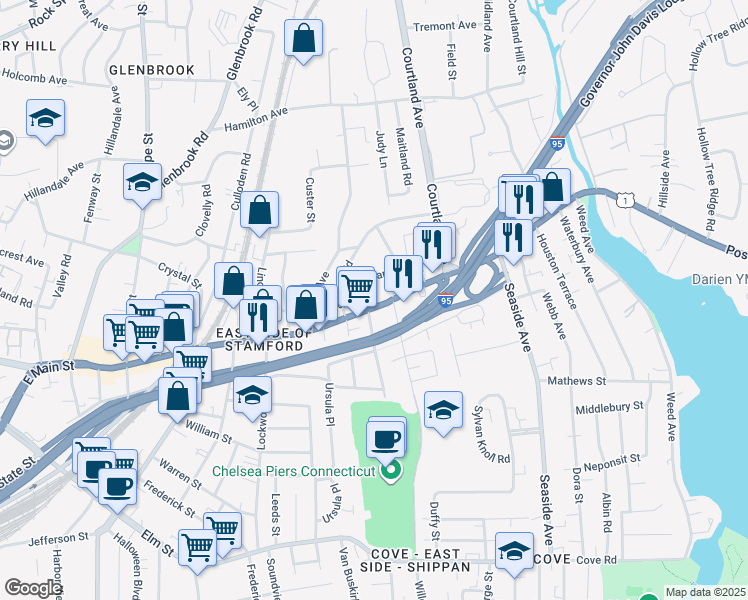 map of restaurants, bars, coffee shops, grocery stores, and more near 29 Standish Road in Stamford