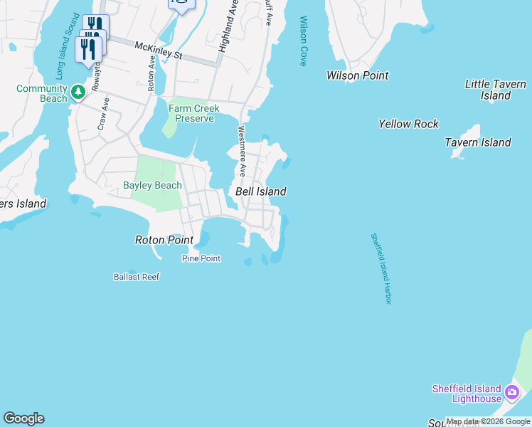 map of restaurants, bars, coffee shops, grocery stores, and more near 11 East Beach Drive in Norwalk