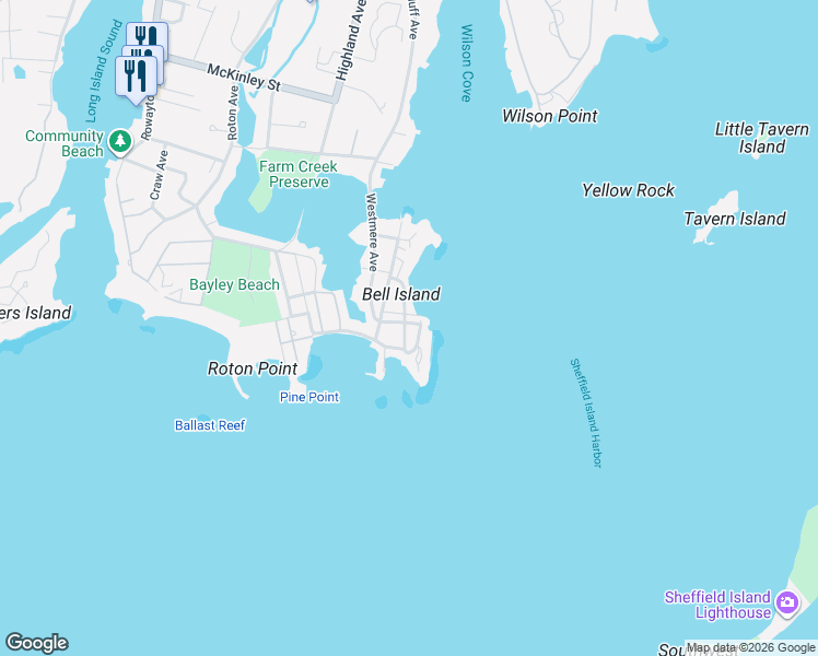 map of restaurants, bars, coffee shops, grocery stores, and more near 11 East Beach Drive in Norwalk