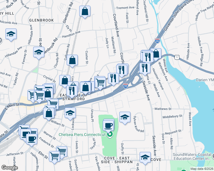 map of restaurants, bars, coffee shops, grocery stores, and more near 29 Standish Road in Stamford