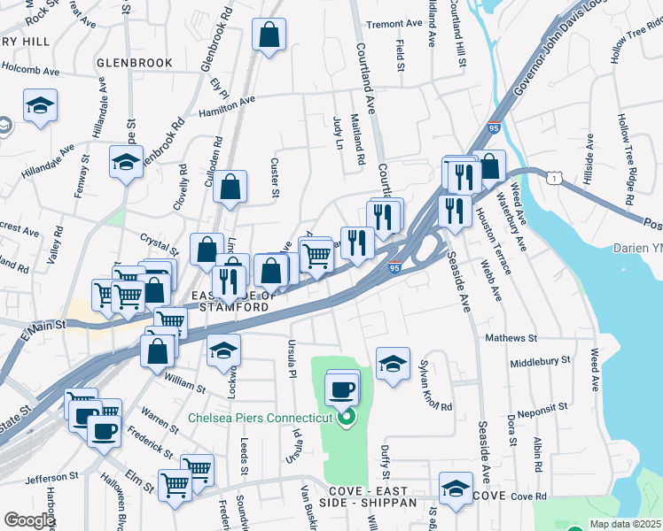 map of restaurants, bars, coffee shops, grocery stores, and more near 29 Standish Road in Stamford