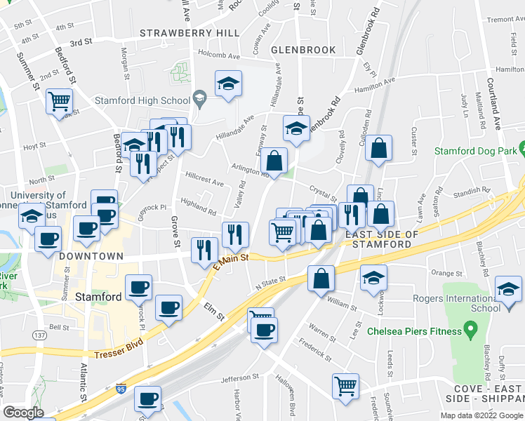 map of restaurants, bars, coffee shops, grocery stores, and more near 77 Glenbrook Road in Stamford