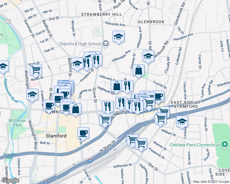 map of restaurants, bars, coffee shops, grocery stores, and more near 8 Terrace Place in Stamford