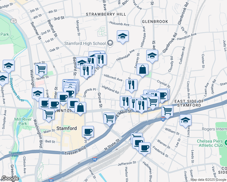 map of restaurants, bars, coffee shops, grocery stores, and more near 8 Terrace Place in Stamford