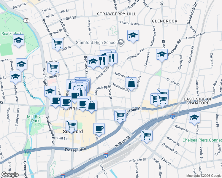 map of restaurants, bars, coffee shops, grocery stores, and more near in Stamford