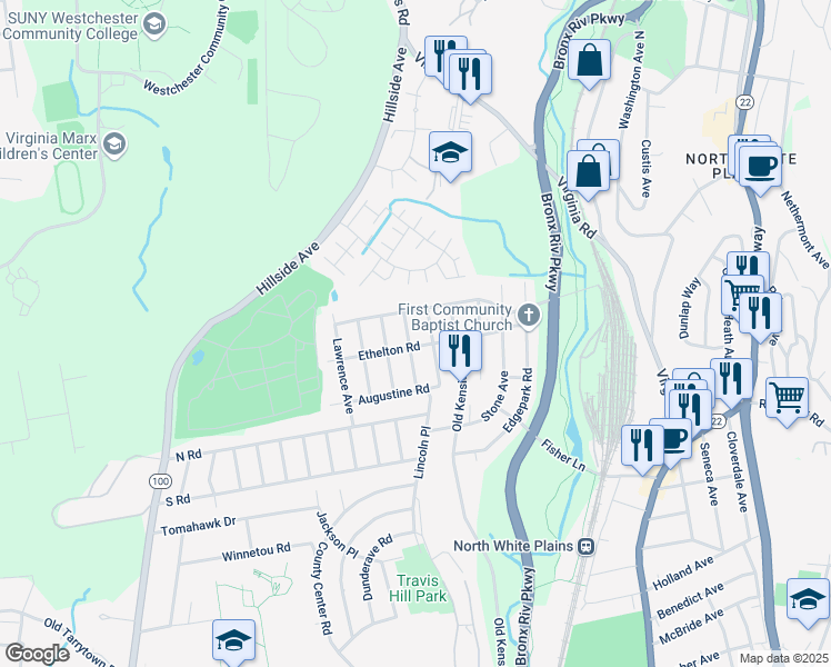 map of restaurants, bars, coffee shops, grocery stores, and more near 69 Maryton Road in White Plains