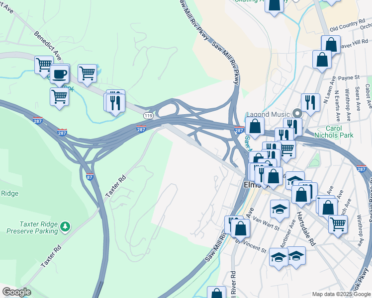 map of restaurants, bars, coffee shops, grocery stores, and more near 200 West Main Street in Elmsford