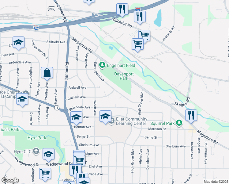 map of restaurants, bars, coffee shops, grocery stores, and more near 144 Davenport Avenue in Akron