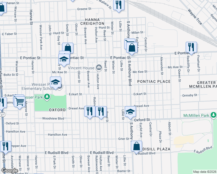 map of restaurants, bars, coffee shops, grocery stores, and more near 2938 Reed Street in Fort Wayne