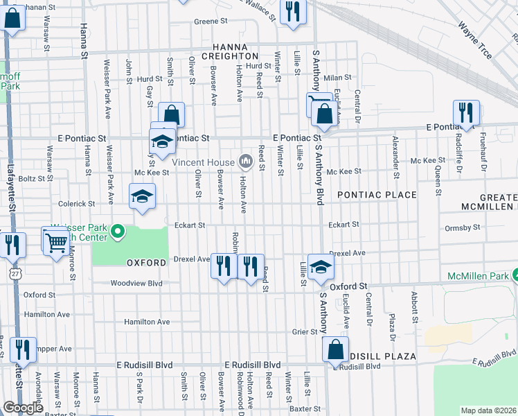 map of restaurants, bars, coffee shops, grocery stores, and more near 2938 Reed Street in Fort Wayne