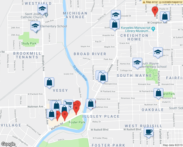 map of restaurants, bars, coffee shops, grocery stores, and more near 2904 Thompson Avenue in Fort Wayne