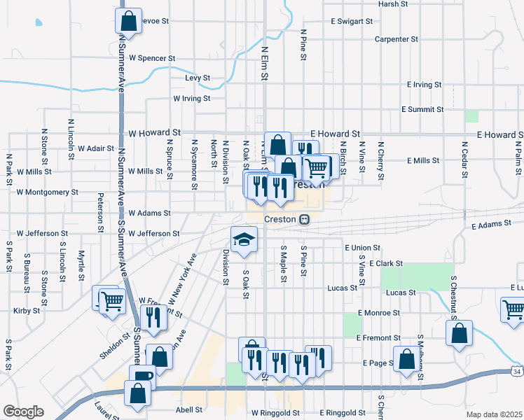 map of restaurants, bars, coffee shops, grocery stores, and more near 109 North Elm Street in Creston