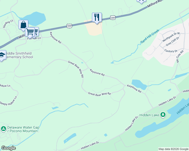 map of restaurants, bars, coffee shops, grocery stores, and more near 64 Keystone Road in East Stroudsburg