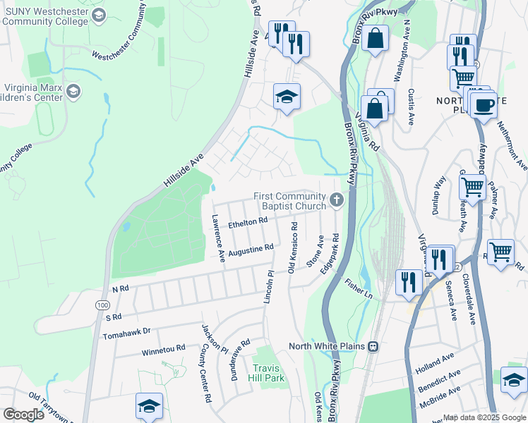 map of restaurants, bars, coffee shops, grocery stores, and more near 69 Maryton Road in White Plains