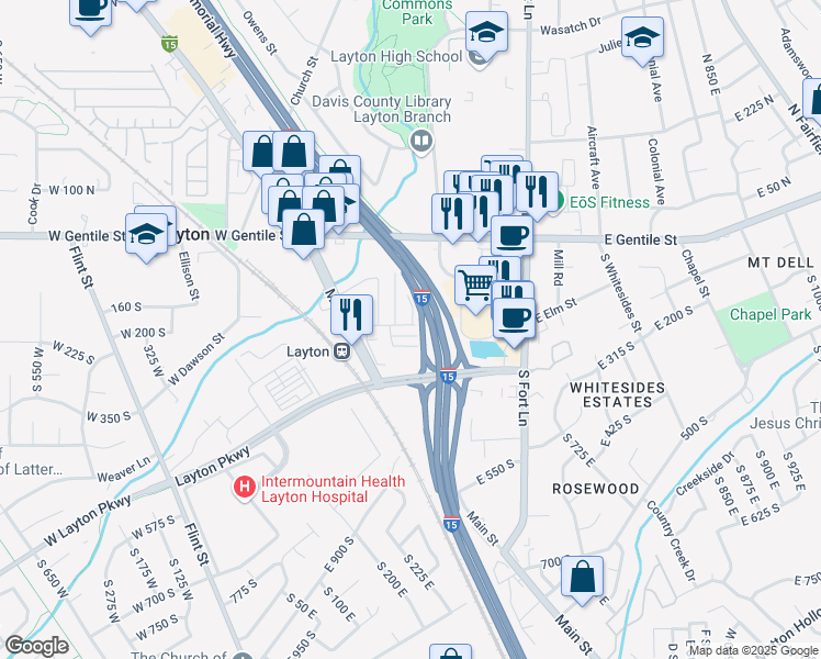 map of restaurants, bars, coffee shops, grocery stores, and more near 189 South Main Street in Layton