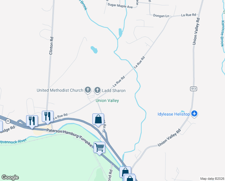 map of restaurants, bars, coffee shops, grocery stores, and more near 100 La Rue Road in West Milford