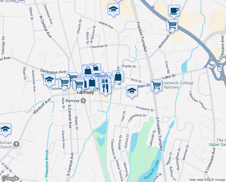 map of restaurants, bars, coffee shops, grocery stores, and more near 150 East Main Street in Ramsey