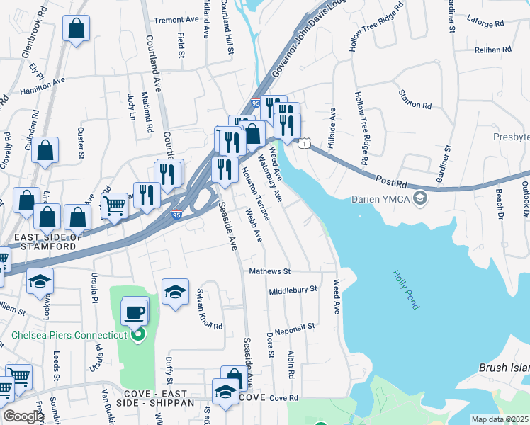 map of restaurants, bars, coffee shops, grocery stores, and more near Houston Terrace in Stamford