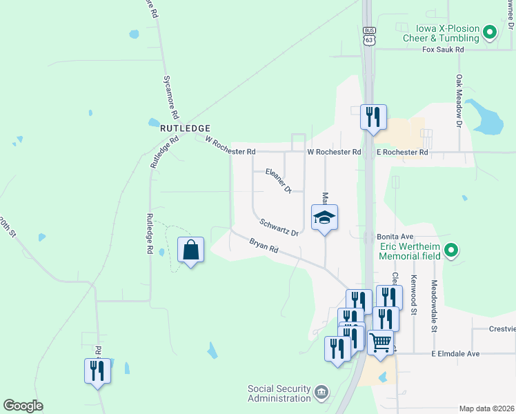 map of restaurants, bars, coffee shops, grocery stores, and more near 401-409 Edwards Drive in Ottumwa