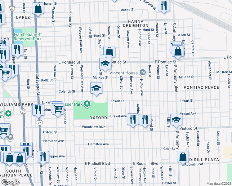 map of restaurants, bars, coffee shops, grocery stores, and more near 1114 Colerick Street in Fort Wayne