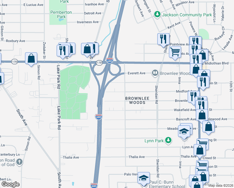 map of restaurants, bars, coffee shops, grocery stores, and more near 1549 Medford Avenue in Youngstown