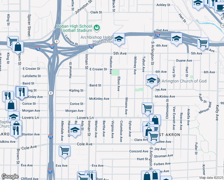 map of restaurants, bars, coffee shops, grocery stores, and more near 618 Elbon Avenue in Akron