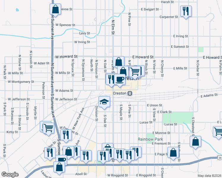 map of restaurants, bars, coffee shops, grocery stores, and more near 109 North Elm Street in Creston