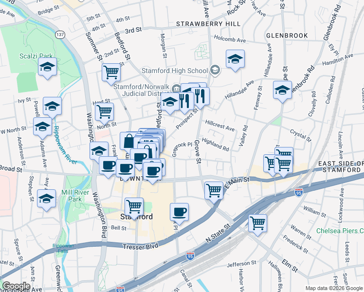 map of restaurants, bars, coffee shops, grocery stores, and more near 77 Prospect Street in Stamford