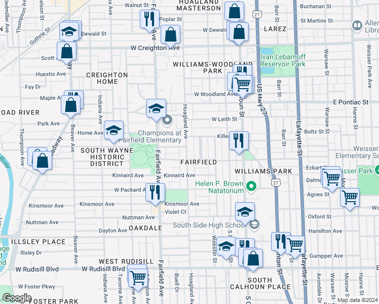 map of restaurants, bars, coffee shops, grocery stores, and more near 414 Downing Avenue in Fort Wayne